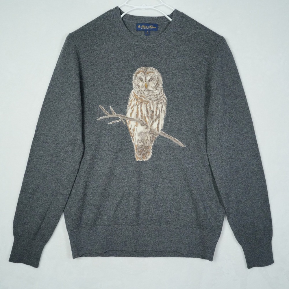 Brooks Brothers Merino Cashmere Owl Intarsia Sweater Gray Mens Medium - MINT